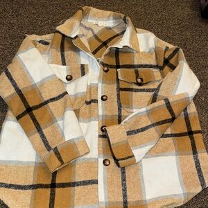 Stylish Women's Plaid Button Down Shirt in Tan and White